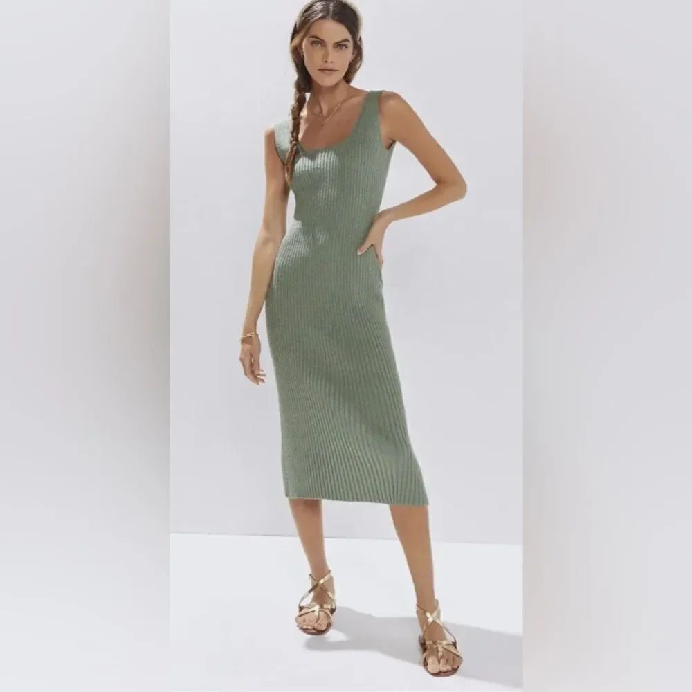 Amadi x Anthropologie Sage Green Ribbed Twist Back Sweater Midi Dress Sz XL